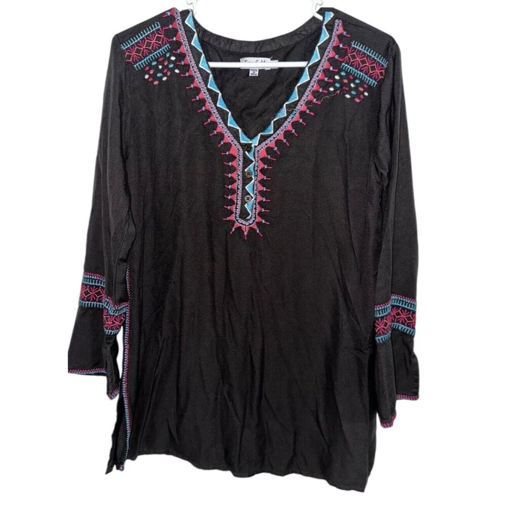 Time For Me Boho Style Embroidered Addison 100% Viscose Tunic Top Sz M Gray